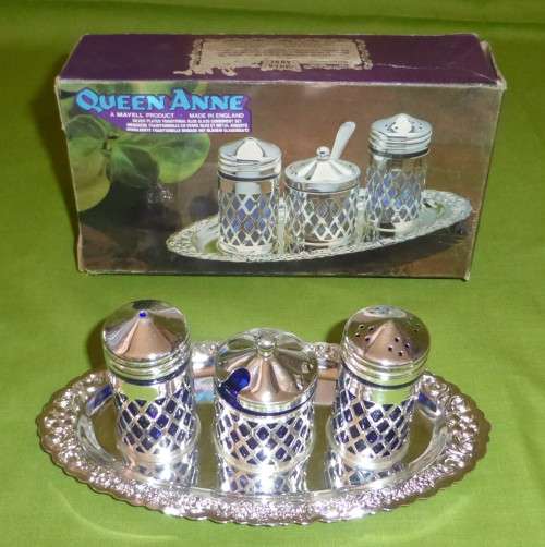 QUEEN ANNE!!! Silver Plated and Cobalt Blue Glass Condiment Set