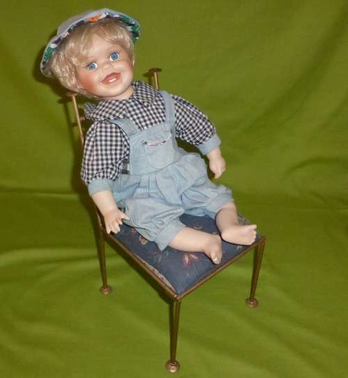 RARE!!! MUSICAL PORCELAIN DOLL WITH ROTATING HEAD!!! Working! Vintage Boy on a Handmade Metal Chair