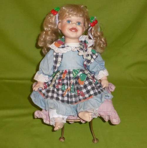 RARE!!! MUSICAL PORCELAIN DOLL WITH ROTATING HEAD!!! Working! Vintage Girl on a Handmade Metal Chair