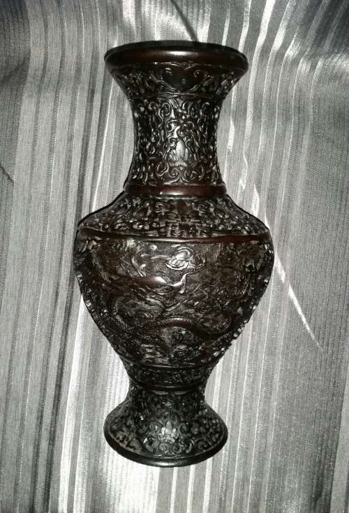 LARGE CINNABAR VASE!!! Dragon Detail, Very Dark Brown, from Thailand!