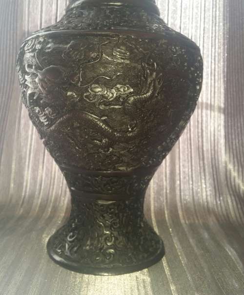 LARGE CINNABAR VASE!!! Dragon Detail, Very Dark Brown, from Thailand!