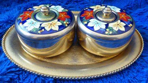 Solid Brass Dishes with Lids on a Tray, with Motif Underneath - STUNNING!