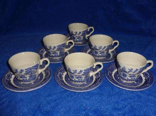 EIT LTD ENGLAND (Ironstone) 6x BLUE & WHITE WILLOW Teacups & Saucers (One Bid for All) - POSTAGE R70