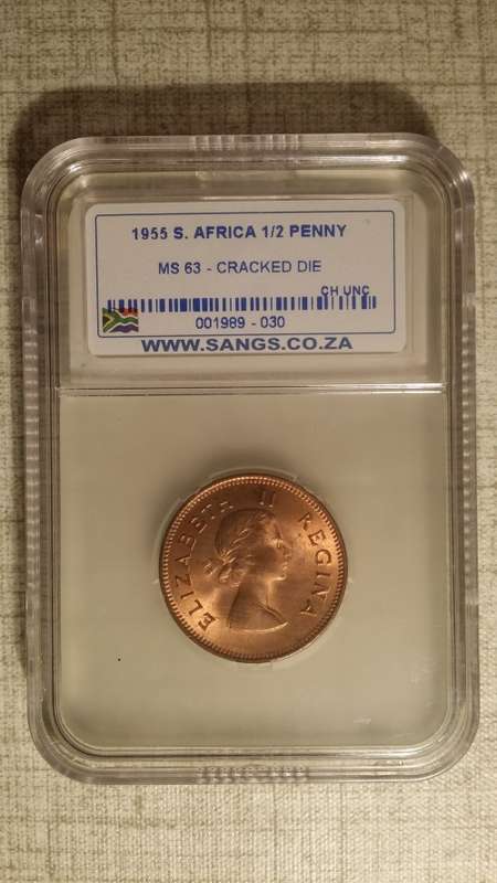 !!!! 1955 1/2 PENNY MS63 CRACKED DIE  GRADED BY SANGS!!!!!