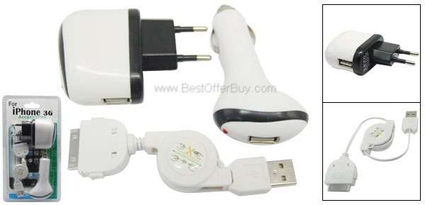 3 in 1 AC Adapter + USB Data Cable + Car Charger for iPod iPhone 3G