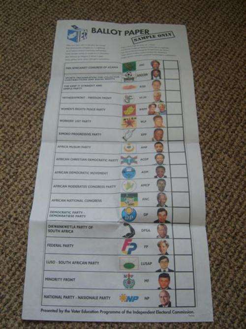 1994 SAMPLE PRE-BALLOT PAPER SHOWING NELSON MANDELA AS CANDIDATE