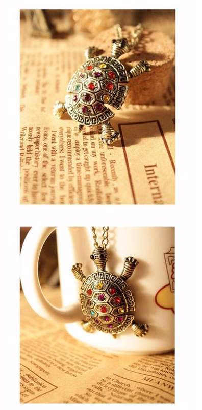 antique bronze turtle necklace with rhinestones