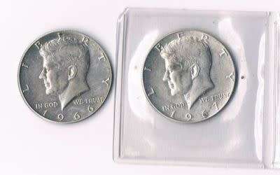 1967 US half dollar in pouch and 1966 US half dollar used (40% silver)