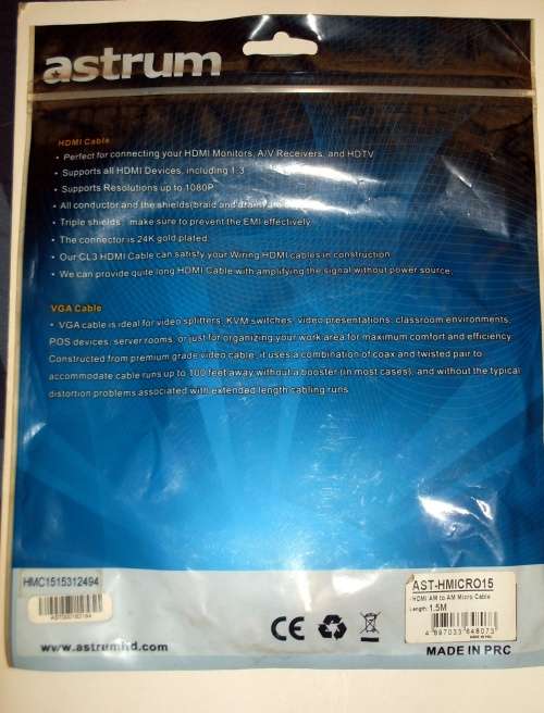 Astrum HDMI AM to AM Micro Cable 1.5m