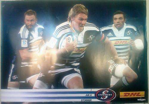 STORMERS POSTER FOR A STORMERS FAN. J DE VILLIERS. B HABANA. A BEKKER. 60 X 42cm.SLIGHT CREASE MARKS