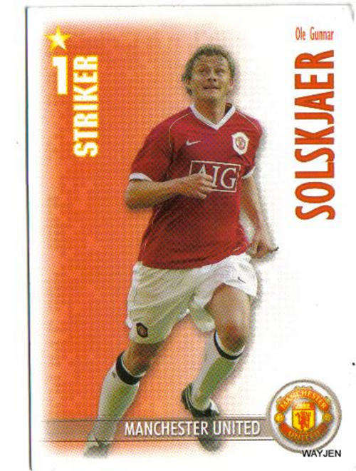 OLE GUNNAR SOLSKJAER. MANCHESTER UNITED TRADING CARD. SHOOT OUT TRADING CARD.