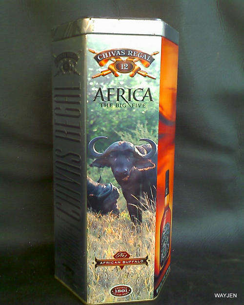 CHIVAS REGAL TIN. EMPTY. AFRICA THE BIG FIVE. TIN HAS SOME RUST.