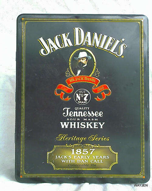 JACK DANIEL'S OLD No. 7 COLLECTABLE TIN.STORY INSIDE AND BOTTLE (EMPTY).2 GLASSES MISSING. 26 x 20cm