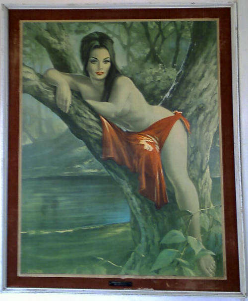 RETRO "WOODLAND GODDESS" FROM J.H. LYNCH. PRINT ON BOARD IN FRAME.SMALL PLAQUE AT BOTTOM. 88 X 87cm.