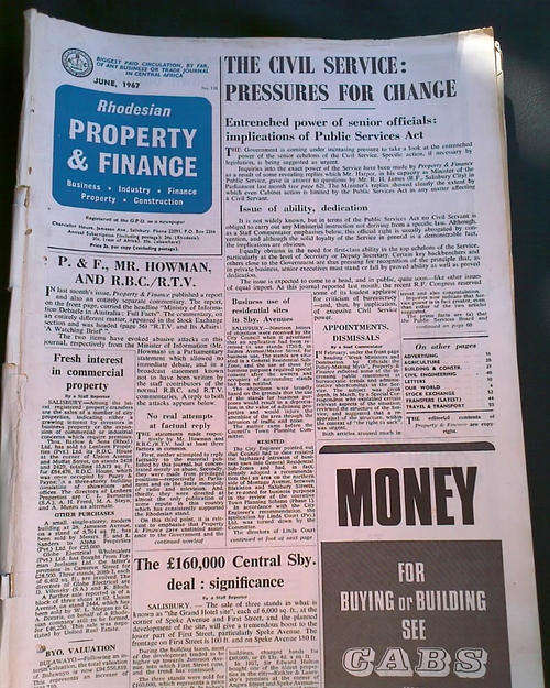 RHODESIAN PROPERTY AND FINANCE NEWSPAPER. JUNE 1967. 64 PAGES. HAS WEAR AND TEAR.POSTAGE:R35.00.