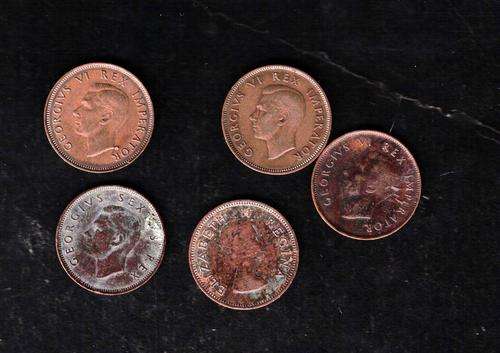 1/2d COINS FROM SOUTH AFRICA. 1940,1942,1946,1950,1953. PLEASE NOTE CONDITION.