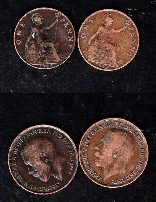 2 X ONE (1) PENNY. 1919 & 1913. GEORGIVS V DEI GRA:BRITT::OMN:REX FID:DEF:IND:IMP: