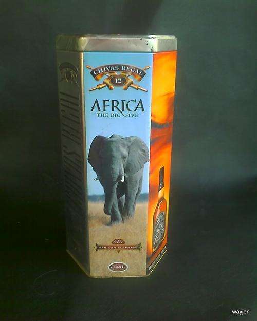 CHIVAS REGAL TIN. EMPTY. AFRICA THE BIG FIVE. TIN HAS SOME RUST.