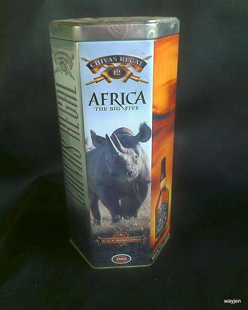CHIVAS REGAL TIN. EMPTY. AFRICA THE BIG FIVE. TIN HAS SOME RUST.