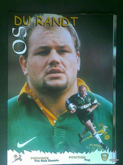 SPRINGBOK SQUAD 1999. SA RUGBY PLAYER OS DU RANDT POSTER. 29 X 42cm. SLIGHT WEAR.