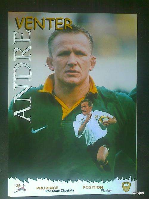 SPRINGBOK SQUAD 1999. SA RUGBY PLAYER ANDRE VENTER POSTER. 29 X 42cm. SLIGHT WEAR.