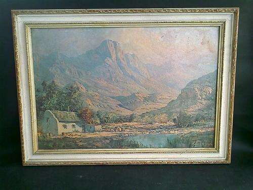 SIGNED GABRIEL DE JONGH LANDSCAPE PRINT IN FRAME. PRINT HAS WATERMARKS AND SLIGHT DAMAGE.