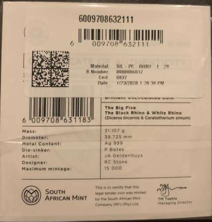 2020 Silver Rhino Big Five 1 oz coin