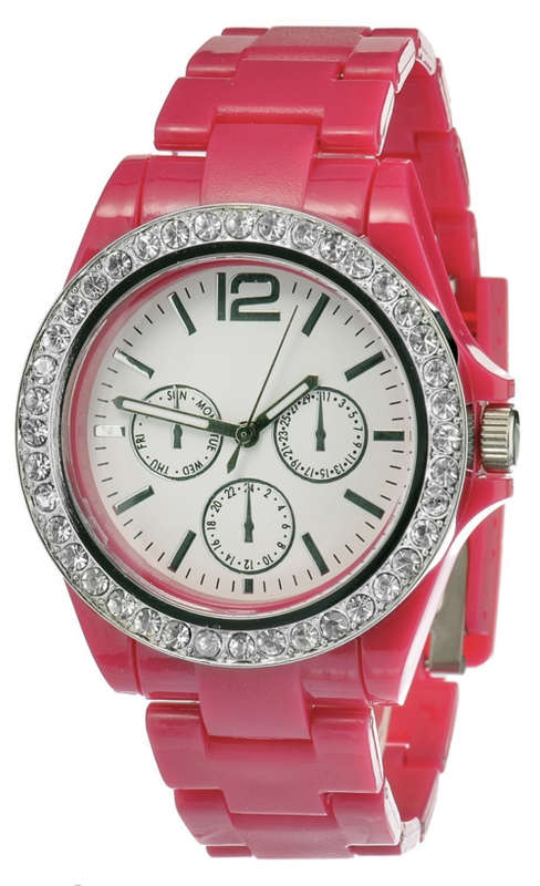 **NEW** FMD (By FOSSIL) HOT Pink Crystal Accented Ladies Quartz Dress Watch