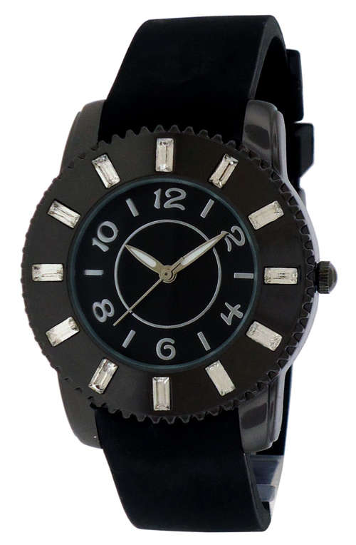 **NEW** FMD (By FOSSIL) Black Rubber Crystal Accented Ladies Quartz Dress Watch
