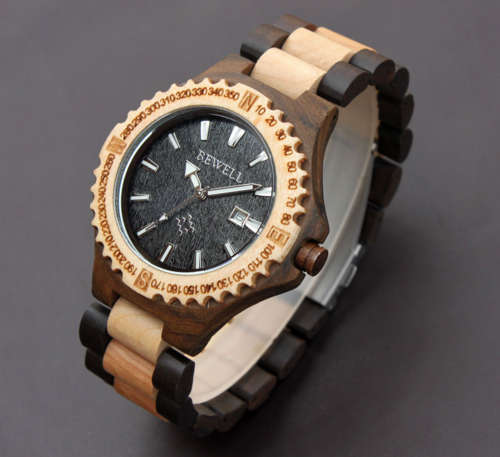 BEWELL Wood 2-Tone Grey Dial Gents Quartz Dress Watch "VERY CLASSY!!"