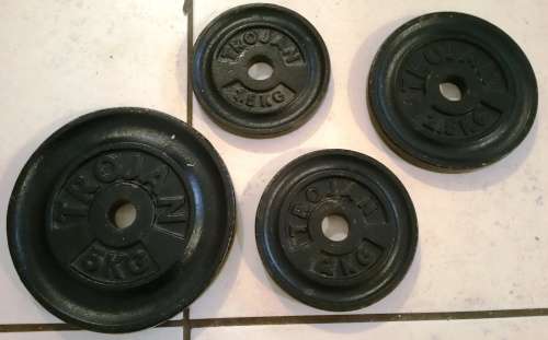TROJAN DUMBBELL BARS, BARBELL AND WEIGHT PLATES SET