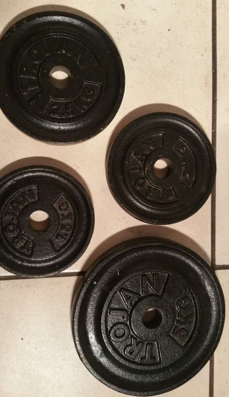 TROJAN DUMBBELL BARS, BARBELL AND WEIGHT PLATES SET