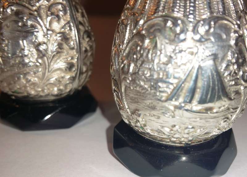 CRUET SALT AND PEPPER - SILVER PLATE AND INTRICATE DETAIL