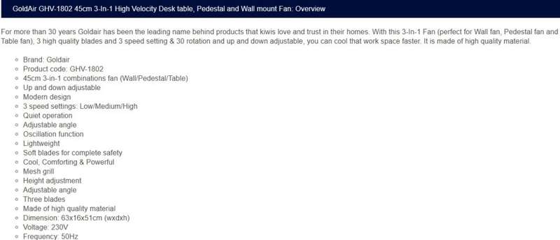 GOLDAIR HIGH VELOCITY 3-IN-1 STANDING/FLOOR-DESK/WALL MOUNT 45cm FAN - NOT WORKING - REPAIR OR PARTS