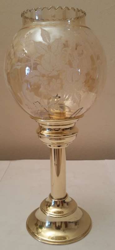 SOLID BRASS SPRING-LOADED CANDLE HOLDER & DELICATE GLASS SHADE WITH DETAILED EMBELLISHMENT