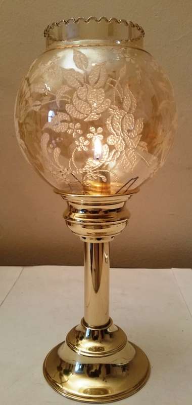 SOLID BRASS SPRING-LOADED CANDLE HOLDER & DELICATE GLASS SHADE WITH DETAILED EMBELLISHMENT