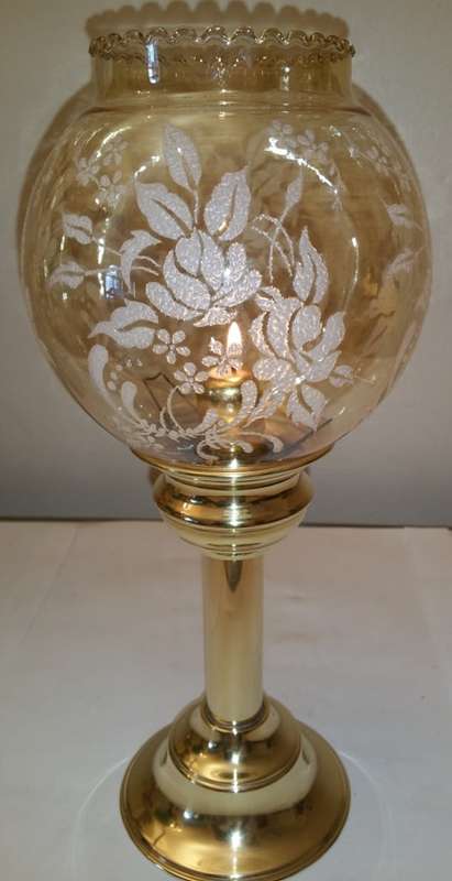 SOLID BRASS SPRING-LOADED CANDLE HOLDER & DELICATE GLASS SHADE WITH DETAILED EMBELLISHMENT