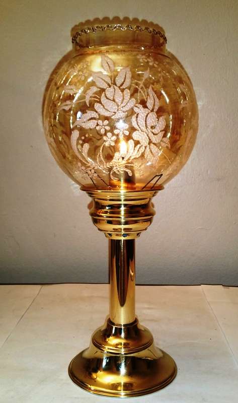 SOLID BRASS SPRING-LOADED CANDLE HOLDER & DELICATE GLASS SHADE WITH DETAILED EMBELLISHMENT