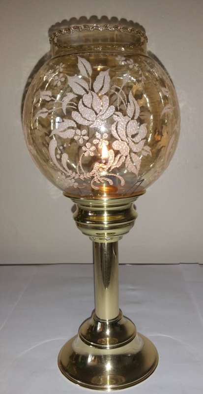 SOLID BRASS SPRING-LOADED CANDLE HOLDER & DELICATE GLASS SHADE WITH DETAILED EMBELLISHMENT