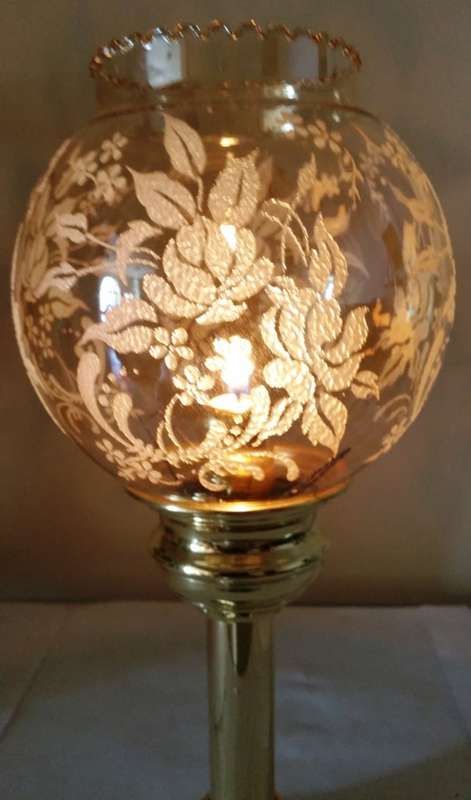 SOLID BRASS SPRING-LOADED CANDLE HOLDER & DELICATE GLASS SHADE WITH DETAILED EMBELLISHMENT