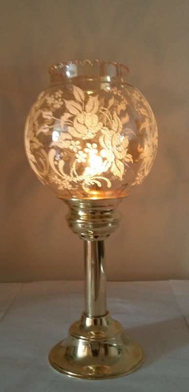 SOLID BRASS SPRING-LOADED CANDLE HOLDER & DELICATE GLASS SHADE WITH DETAILED EMBELLISHMENT