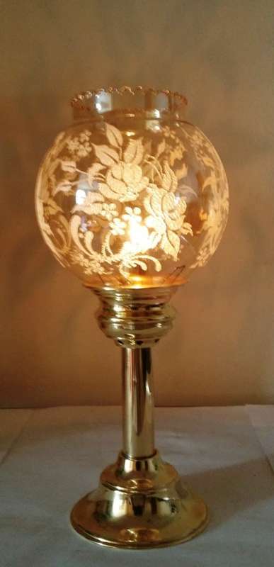 SOLID BRASS SPRING-LOADED CANDLE HOLDER & DELICATE GLASS SHADE WITH DETAILED EMBELLISHMENT