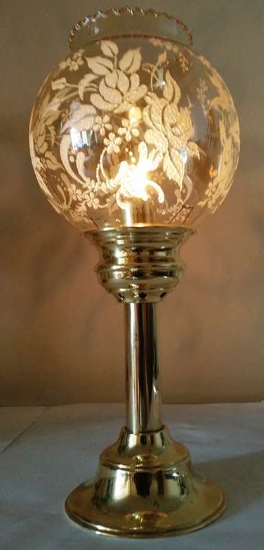 SOLID BRASS SPRING-LOADED CANDLE HOLDER & DELICATE GLASS SHADE WITH DETAILED EMBELLISHMENT