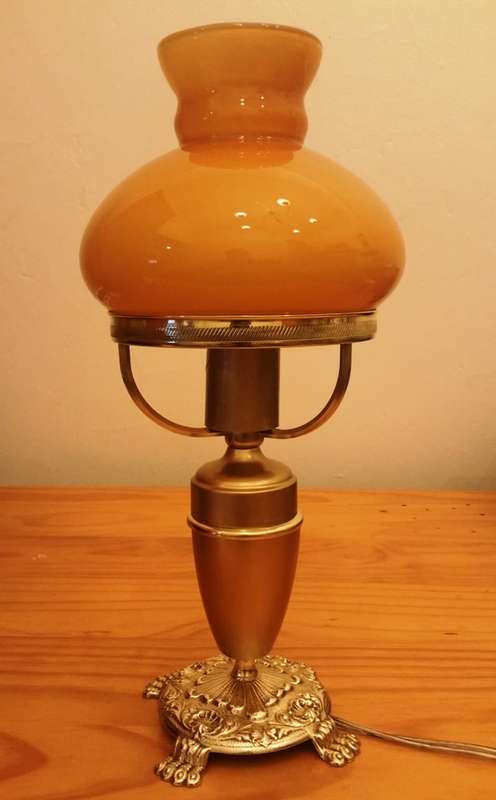 BRASS AND GILT TABLE LAMP WITH STUDENT SHADE