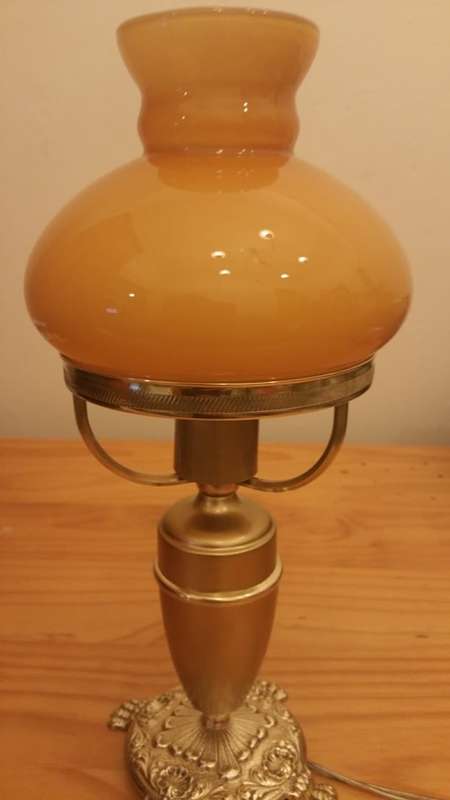 BRASS AND GILT TABLE LAMP WITH STUDENT SHADE