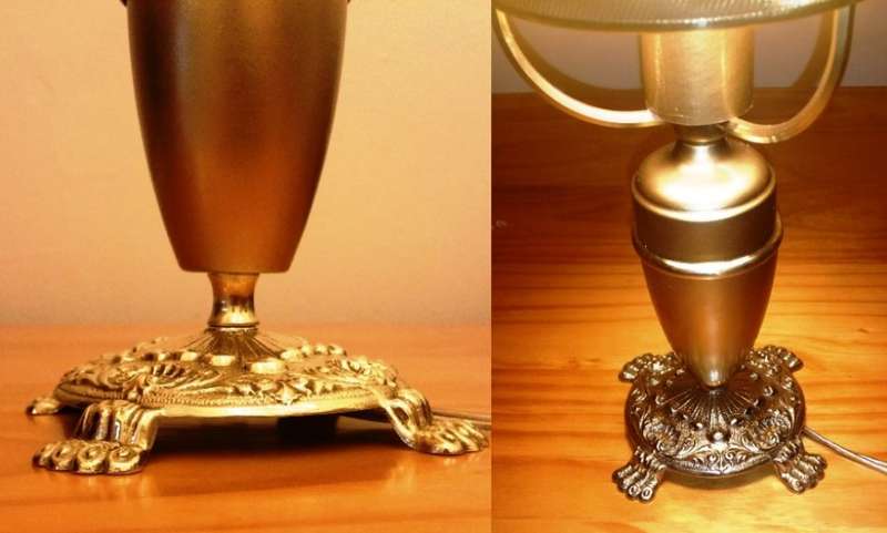 BRASS AND GILT TABLE LAMP WITH STUDENT SHADE