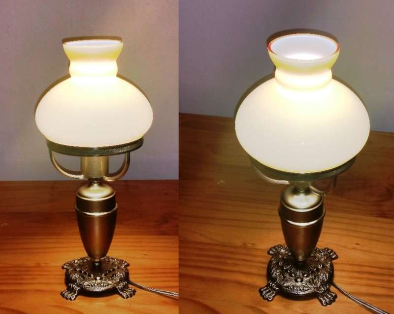 BRASS AND GILT TABLE LAMP WITH STUDENT SHADE
