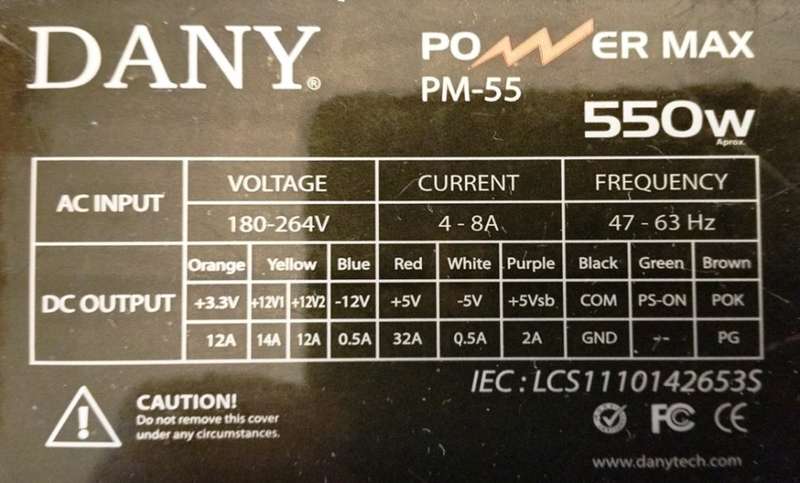 DANY PSU ~ PM-55 POWERMAX 550W [FOR SALVAGEABLE PARTS]