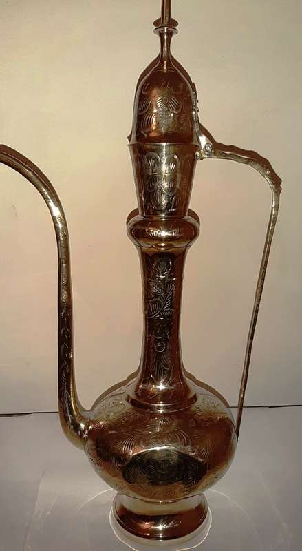 TWO LARGE BRASS DALLAH / SARNA / INDIAN TEAPOTS ON ORNATE BRASS TRAY