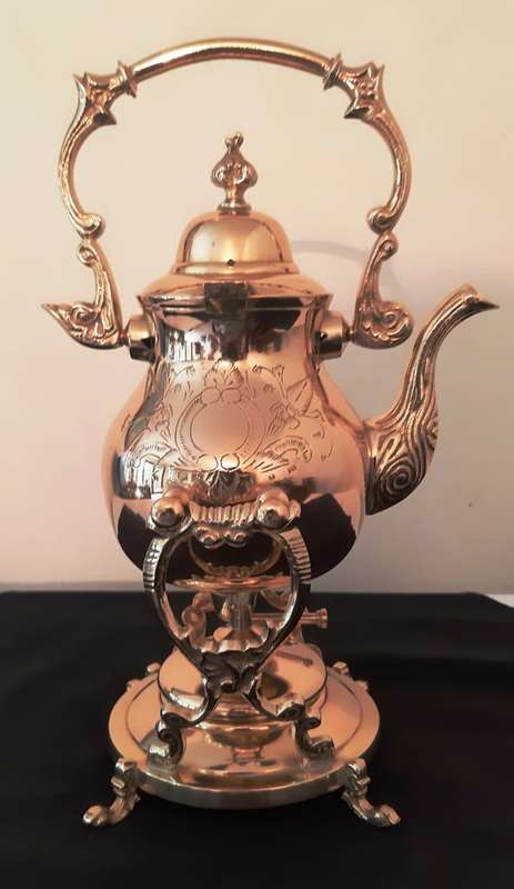 VICTORIAN-STYLED 5-PIECE TEA & COFFEE SET WITH SPIRIT KETTLE WATER WARMER - BRASS & PLATED ON BRASS